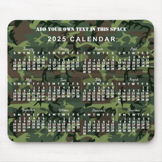 2025 Jaar Maandelijkse Kalender Camouflage Camo Gr Muismat (Voorkant)