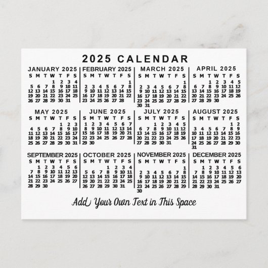 2025 Jaar Maandelijkse Kalender Classic Wit en Zwa Briefkaart (Voorkant)