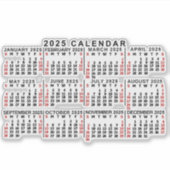 2025 Jaar Maandelijkse Kalender Classic Zwart en R Sticker (Voorkant)