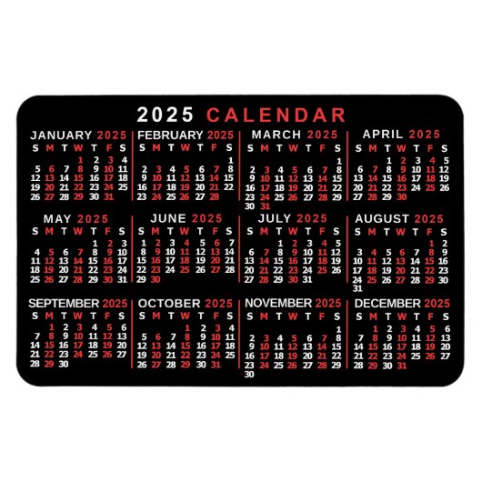 2025 Jaar Maandelijkse Kalender Classic Zwart Rood Magneet (Horizontaal)