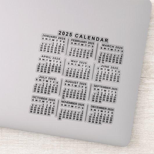 2025 Jaar Maandelijkse Kalender Classic Zwart Sticker (Detail)