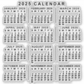 2025 Jaar Maandelijkse Kalender Classic Zwart Sticker (Voorkant)