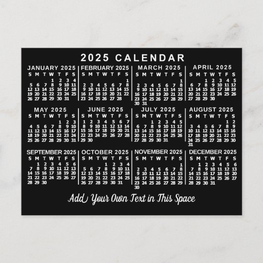 2025 Jaar Maandelijkse Kalender Classic Zwart-wit Briefkaart (Voorkant)