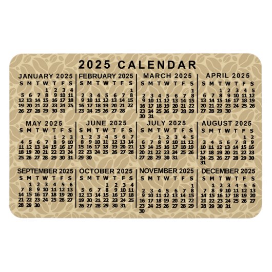 2025 Jaar Maandelijkse Kalender Lichte Koffiebonen Magneet (Horizontaal)