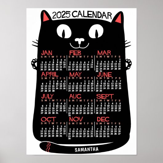 2025 Jaar Maandelijkse Kalender Mid-Century Zwarte Poster (Voorkant)