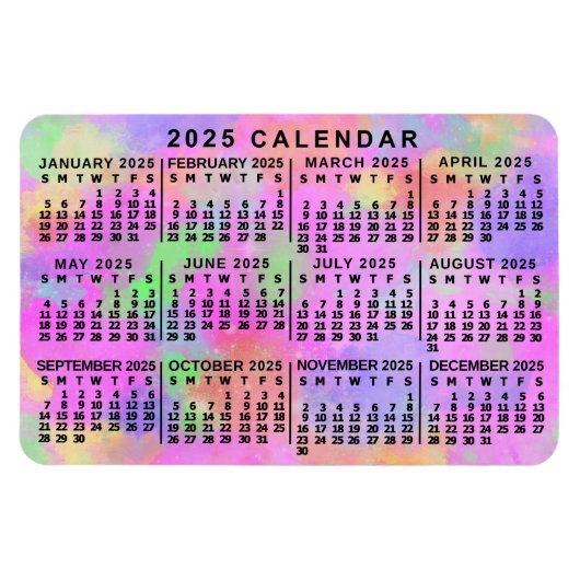 2025 Jaar Maandelijkse Kalender Rainbow Splatter P Magneet (Horizontaal)