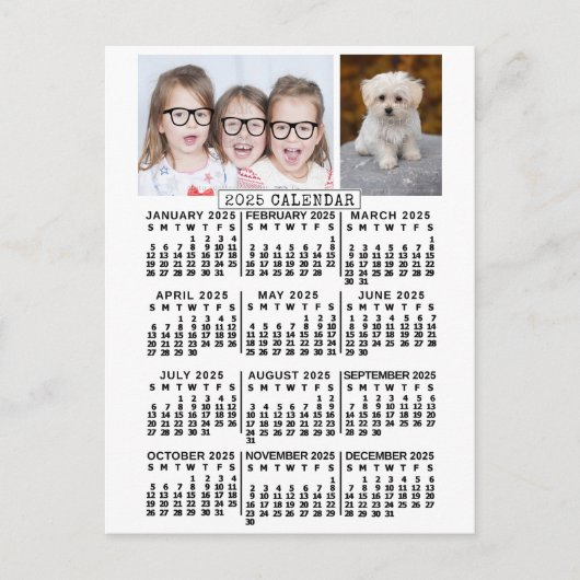2025 Jaar Maandelijkse Kalender Wit | Fotosjabloon Briefkaart (Voorkant)