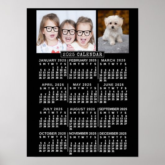 2025 Jaar Maandelijkse Kalender Zwart | Aangepaste Poster (Voorkant)