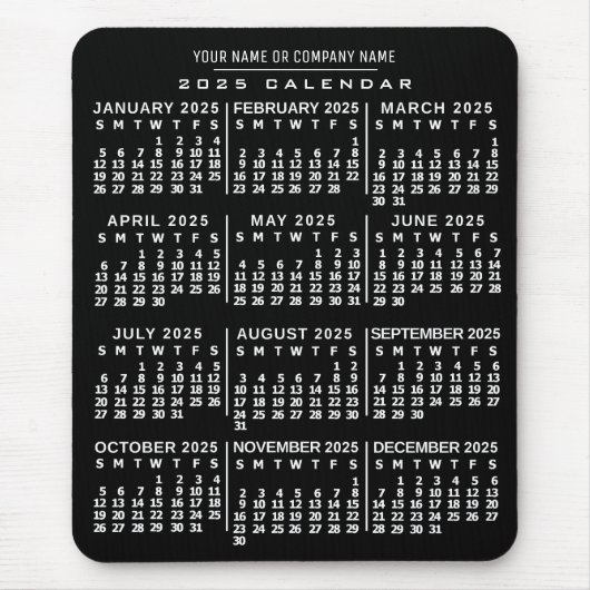 2025 Jaar Maandelijkse Kalender Zwart Wit Custom N Muismat (Voorkant)