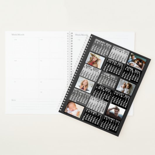 2025 Jaar Maandkalender 12 Foto Collage Zwart Planner (Display)