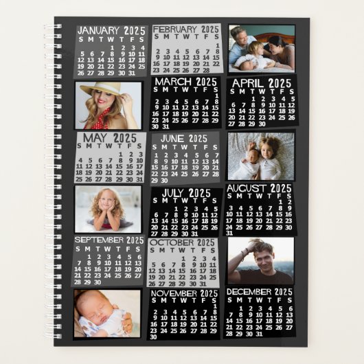 2025 Jaar Maandkalender 12 Foto Collage Zwart Planner (Voorkant)