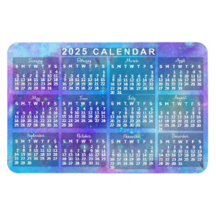 2025 Jaar Maandkalender Blauwe Waterverf Sterren Magneet