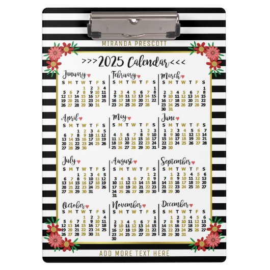 2025 Jaar Maandkalender Bloemenstrepen | Custom Klembord (Voorkant)