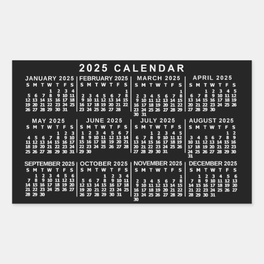 2025 Jaar Maandkalender Klassiek Zwart en Wit Rechthoekige Sticker (Voorkant)
