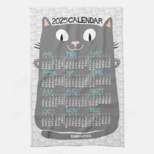 2025 Jaar Maandkalender Mid-Century Grijze Kat Theedoek