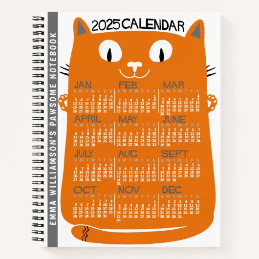 2025 Jaar Maandkalender Mid-Century Oranje Cat Notitieboek (Voorkant)