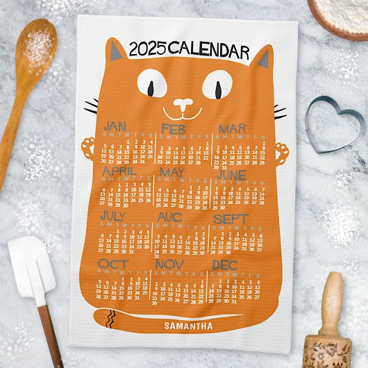 2025 Jaar Maandkalender Mid-Century Oranje Cat Theedoek