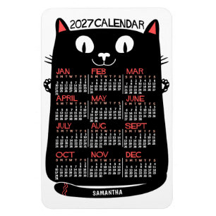 2025 Jaar Maandkalender Mid-Century Zwarte Kat Magneet