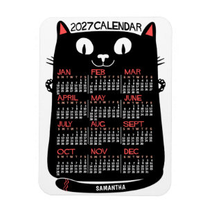 2025 Jaar Maandkalender Mid-Century Zwarte Kat Magneet