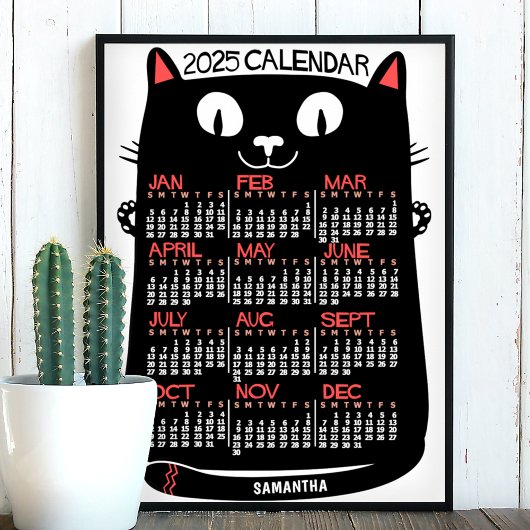2025 Jaar Maandkalender Mid-Century Zwarte Kat Poster