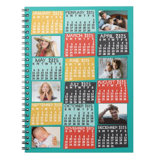 2025 Jaar Maandkalender Modern 6 Fotocollage Notitieboek (Voorkant)