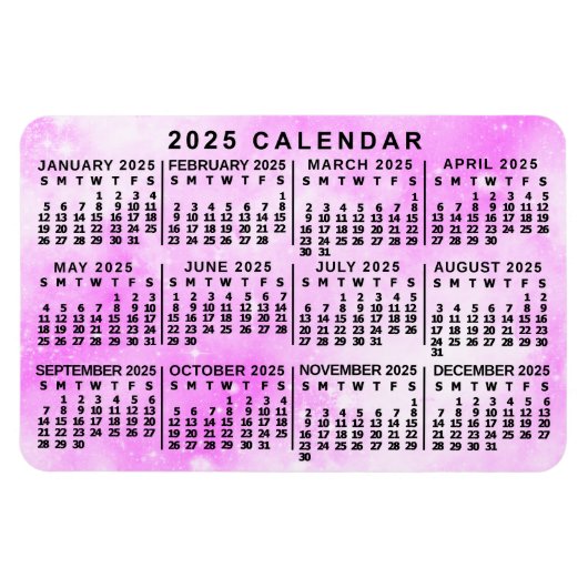 2025 Jaar Maandkalender Roze Waterverf Sterren Magneet (Horizontaal)