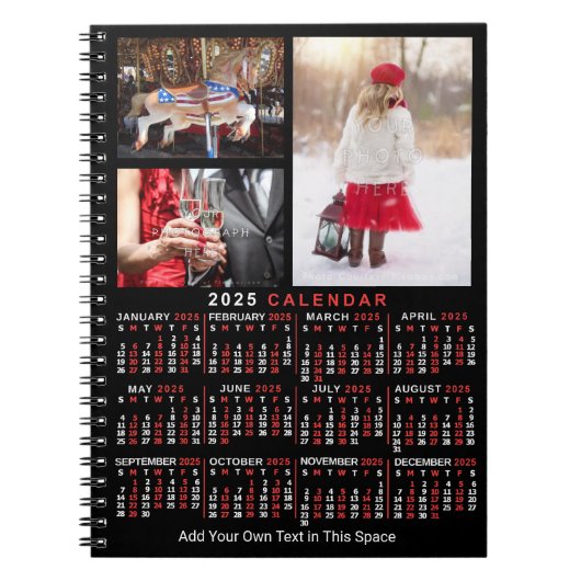 2025 Jaar Maandkalender Zwart Aangepast 3 Foto's Notitieboek (Voorkant)