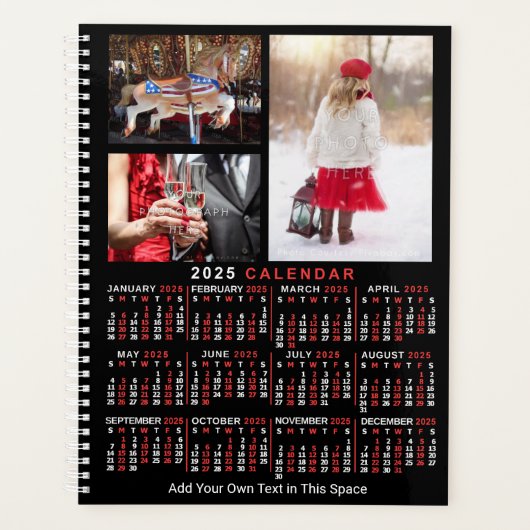 2025 Jaar Maandkalender Zwart Custom 9 Foto's Planner (Voorkant)