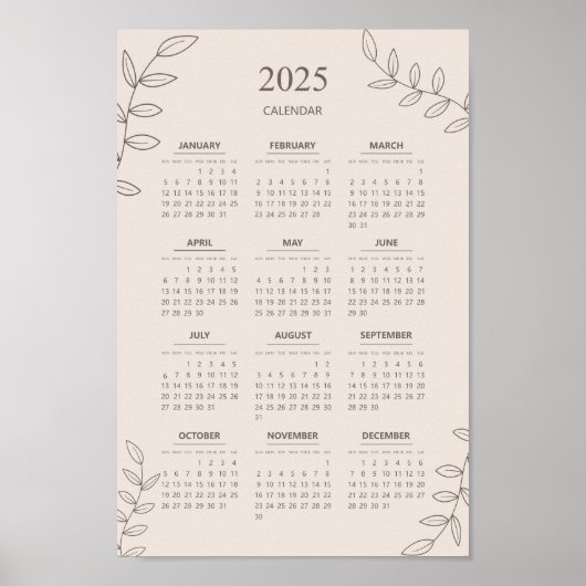 2025 Jaarkalender Bloemrijke Lijnkunst Minimalisti Poster (Voorkant)