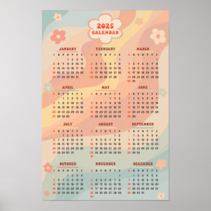 2025 Jaarkalender Groovy Vintage Pastel Swirl Poster