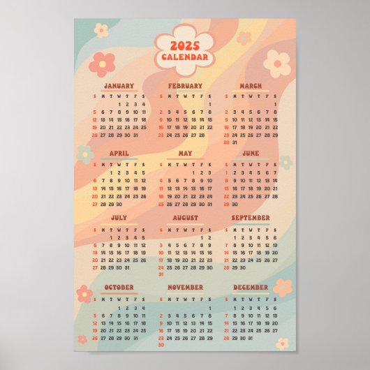 2025 Jaarkalender Groovy Vintage Pastel Swirl   Poster (Voorkant)