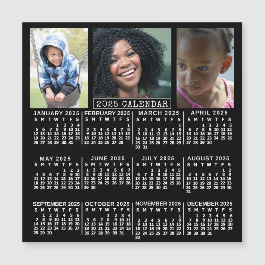 2025 Jaarkalender Zwart | 3 Foto Collage Magneet (Voorkant)