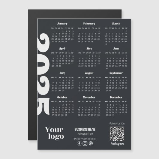 2025 Jaarkalender Zwart En Wit Zakelijk Magnetische Uitnodiging (Voorkant / Achterkant)