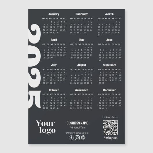 2025 Jaarkalender Zwart En Wit Zakelijk Magnetische Uitnodiging (Voorkant)