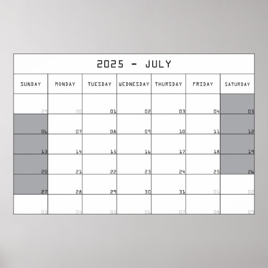 2025 juli planner kalender grote notities ruimte poster (Voorkant)
