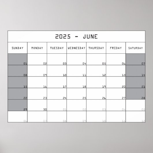 2025 Juni Planer Kalender Grote noten Ruimte Poster (Voorkant)