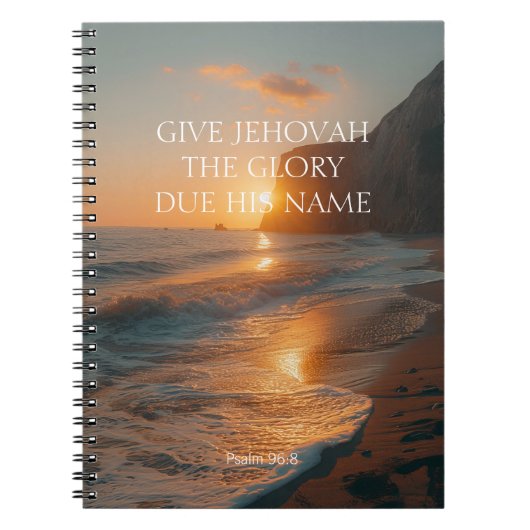 2025 JW Jaar Tekst Psalm 96:8 zee met zonsondergan Notitieboek (Voorkant)