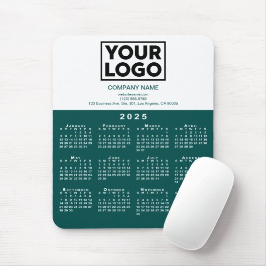 2025 Kalender Bedrijf Logo en Tekst Blauwgroen Wit Muismat (Met muis)