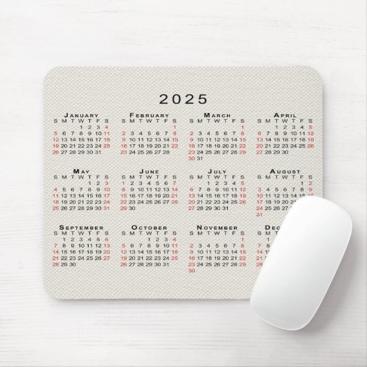 2025 Kalender Beige Faux Canvas Textuur Muismat (Met muis)