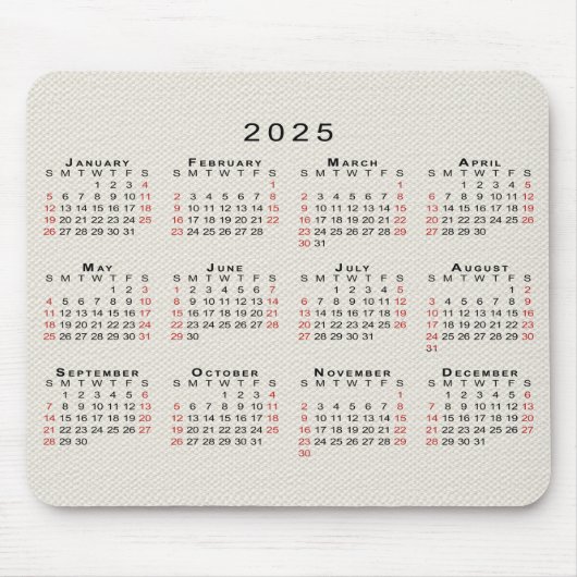 2025 Kalender Beige Faux Canvas Textuur Muismat (Voorkant)