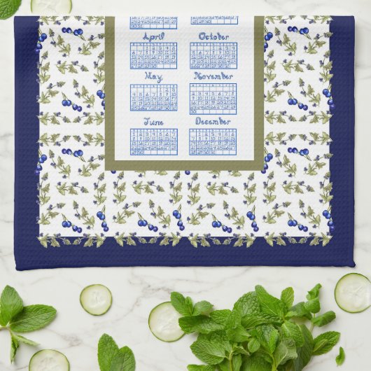 2025 Kalender Blueberry Stem Bladeren Witte Marine Theedoek (Gevouwen)