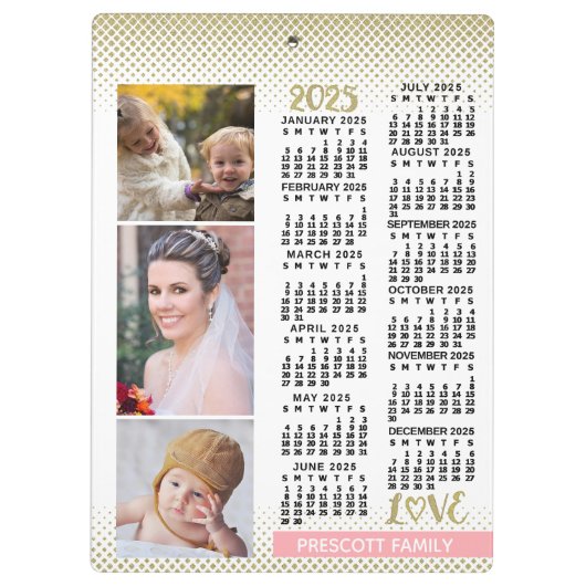 2025 Kalender Blush Roze Goud Familie Fotocollage Klembord (Achterkant)