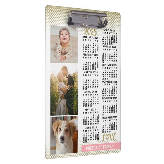 2025 Kalender Blush Roze Goud Familie Fotocollage Klembord (Rechts)