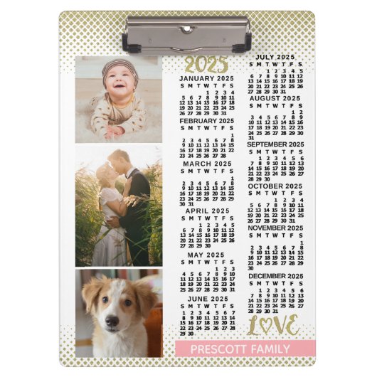 2025 Kalender Blush Roze Goud Familie Fotocollage Klembord (Voorkant)