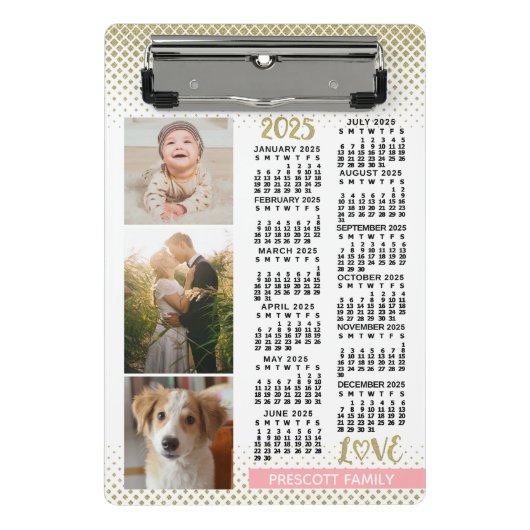 2025 Kalender Blush Roze Goud Familie Fotocollage Mini Klembord (Voorkant)