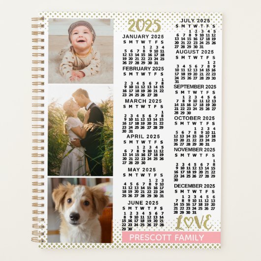 2025 Kalender Blush Roze Goud Familie Fotocollage Planner (Voorkant)