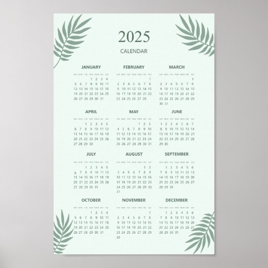 2025 Kalender Boho Bloemig Esthetisch Mintgroen Poster (Voorkant)