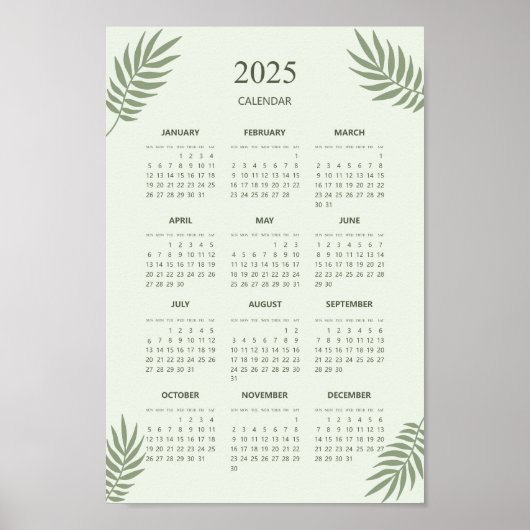 2025 Kalender Boho Bloemig Esthetisch Saliegroen Poster (Voorkant)