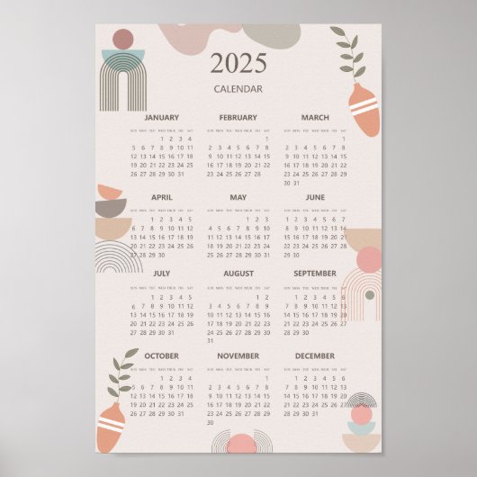 2025 Kalender Boho Mid Century Abstract Minimalist Poster (Voorkant)