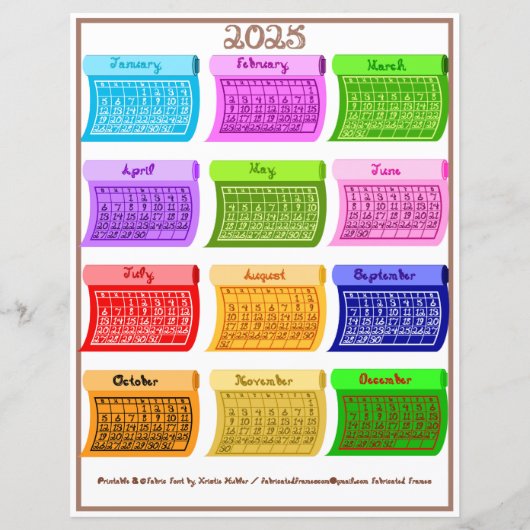2025 Kalender Bolt Fabric Font 12 Kleurmaanden (Achterkant)